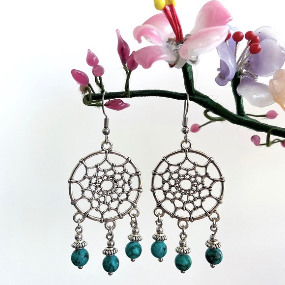 Genuine turquoise dream catcher boho earrings - Picture 5 of 8